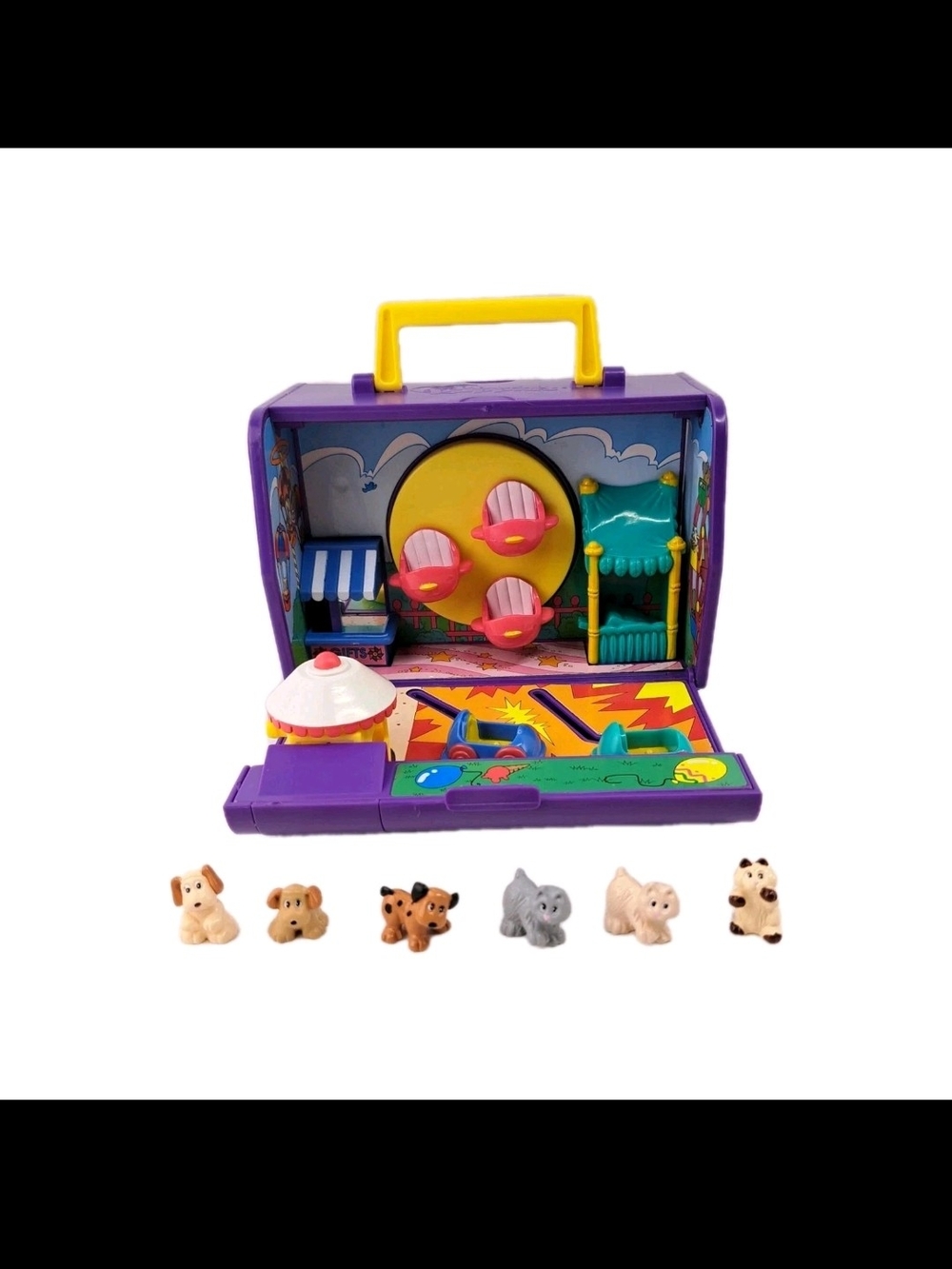 Vintage Purple Pound Puppies Playset Carry Case Mini Animal Figures Park